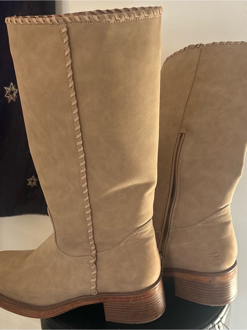 New York & Company Tan Tall Braided-Trim Heeled Boots